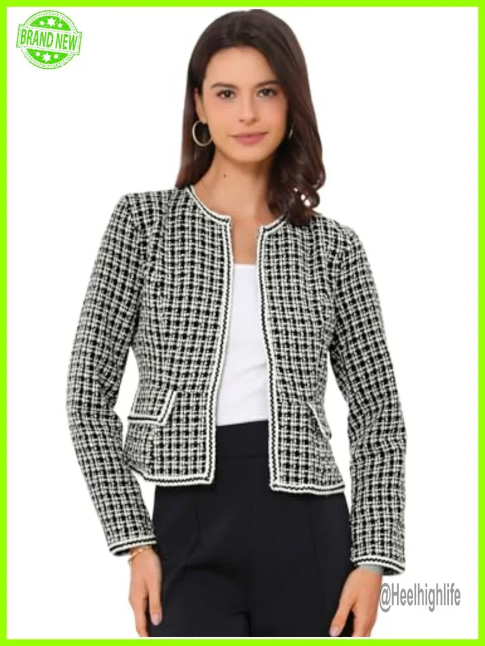 Plaid Tweed Blazer Open Front Work Office Jacket Long Sleeve Collarless